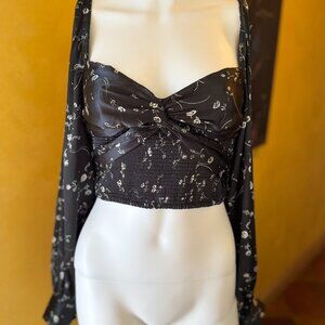 Urban Outfitters Black Satin Floral Crop Top with Puff Sleeves – Size XS